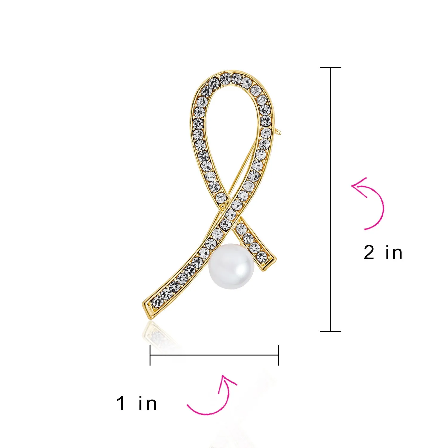 White Pearl Crystal Pave Pink Ribbon Breast Cancer Brooche Pin Gold Silver Plated