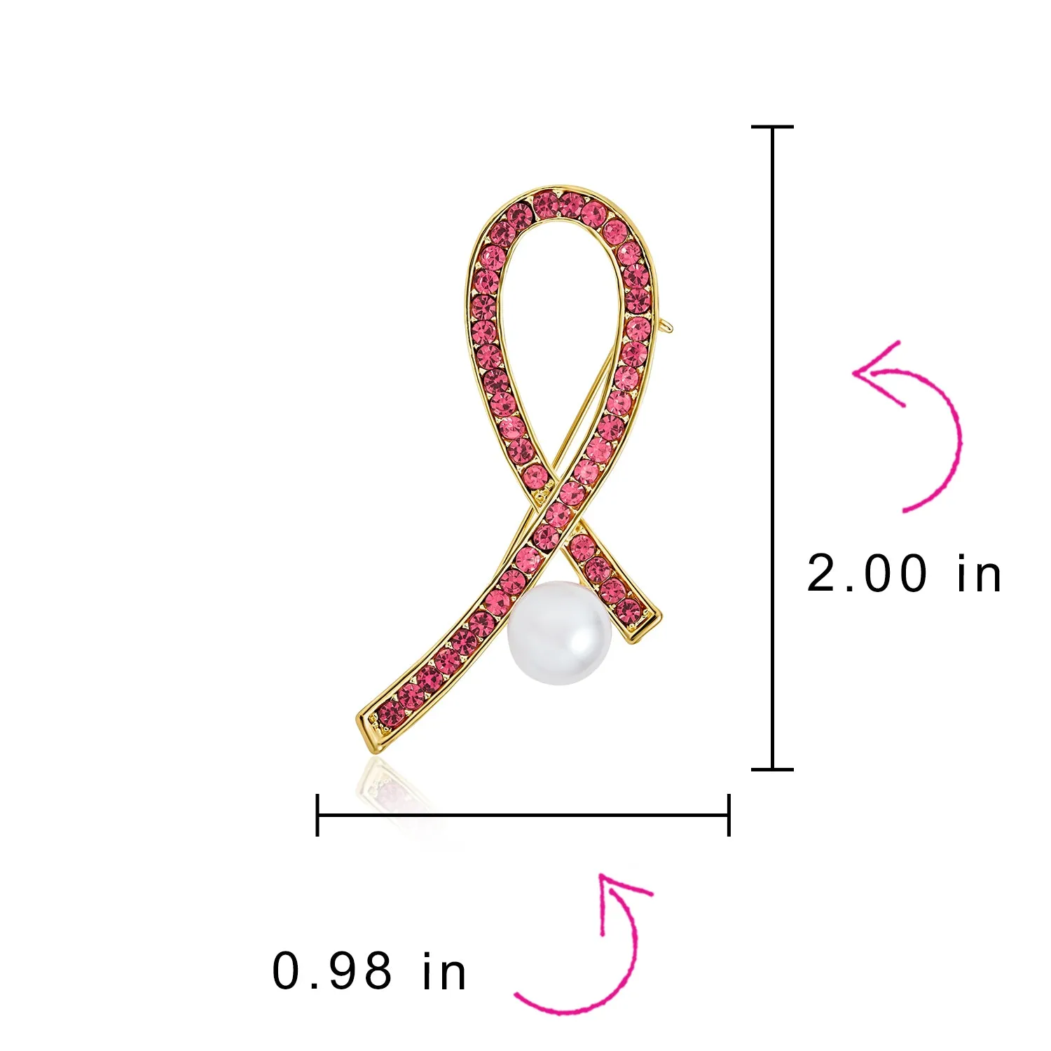 White Pearl Crystal Pave Pink Ribbon Breast Cancer Brooche Pin Gold Silver Plated